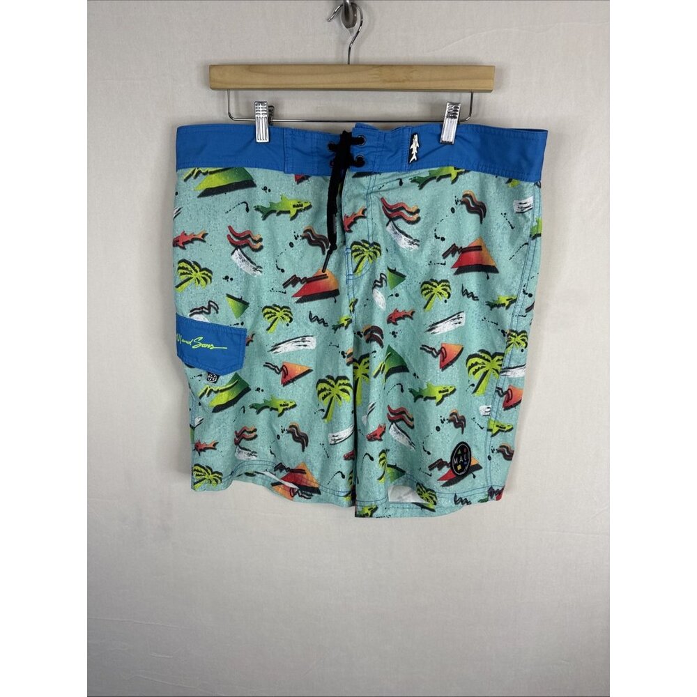 Maui and Sons Board Shorts Mens L Blue Retro Surf Print Stretch Swim Fish